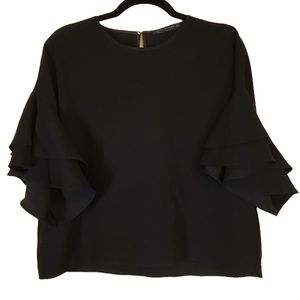 Zara Woman Black Ruffle Flutter Short Sleeve Crop Top Blouse Shirt Medium